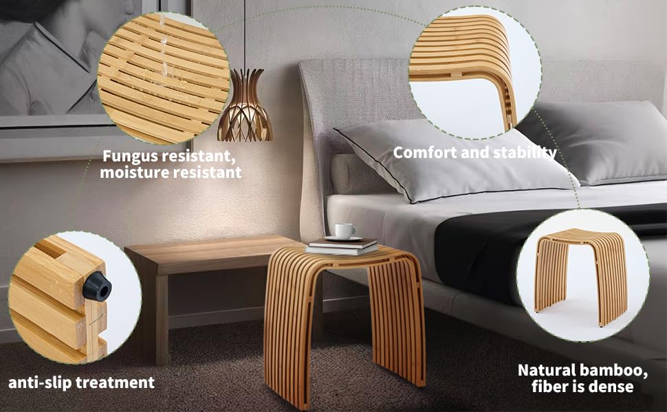 Bamboo Shower Bench, Non-Slip Shower Stool & 286 lbs, Waterproof Bathroom Stool Spa Bath Seat, Natural Bamboo Stool, Suitable for Multiple Settings: Bathroom, Bedroom, Dining room and Living room