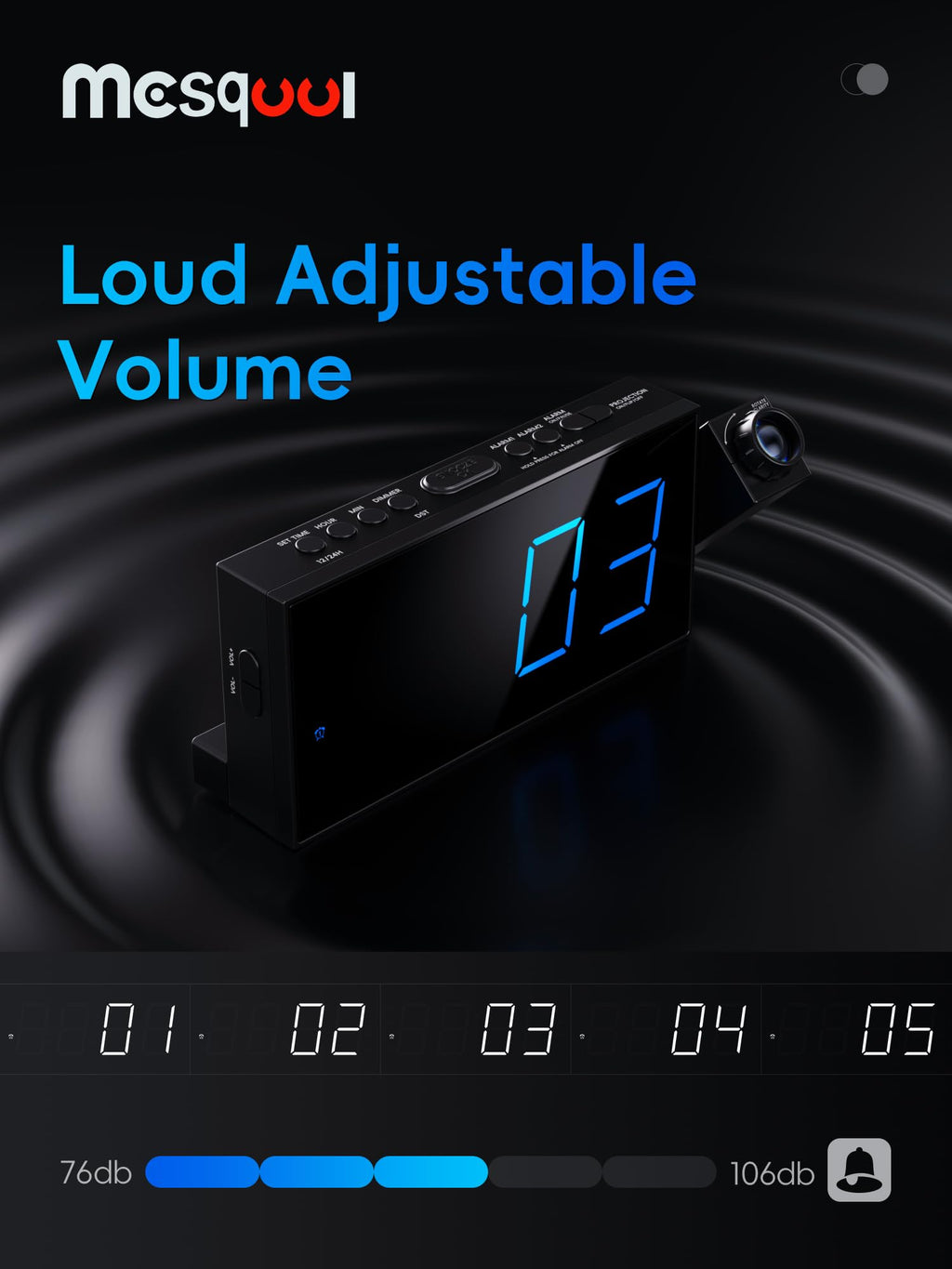 Mesqool Digital Projection Alarm Clock with Dual Alarms, 5 Levels Dimmer