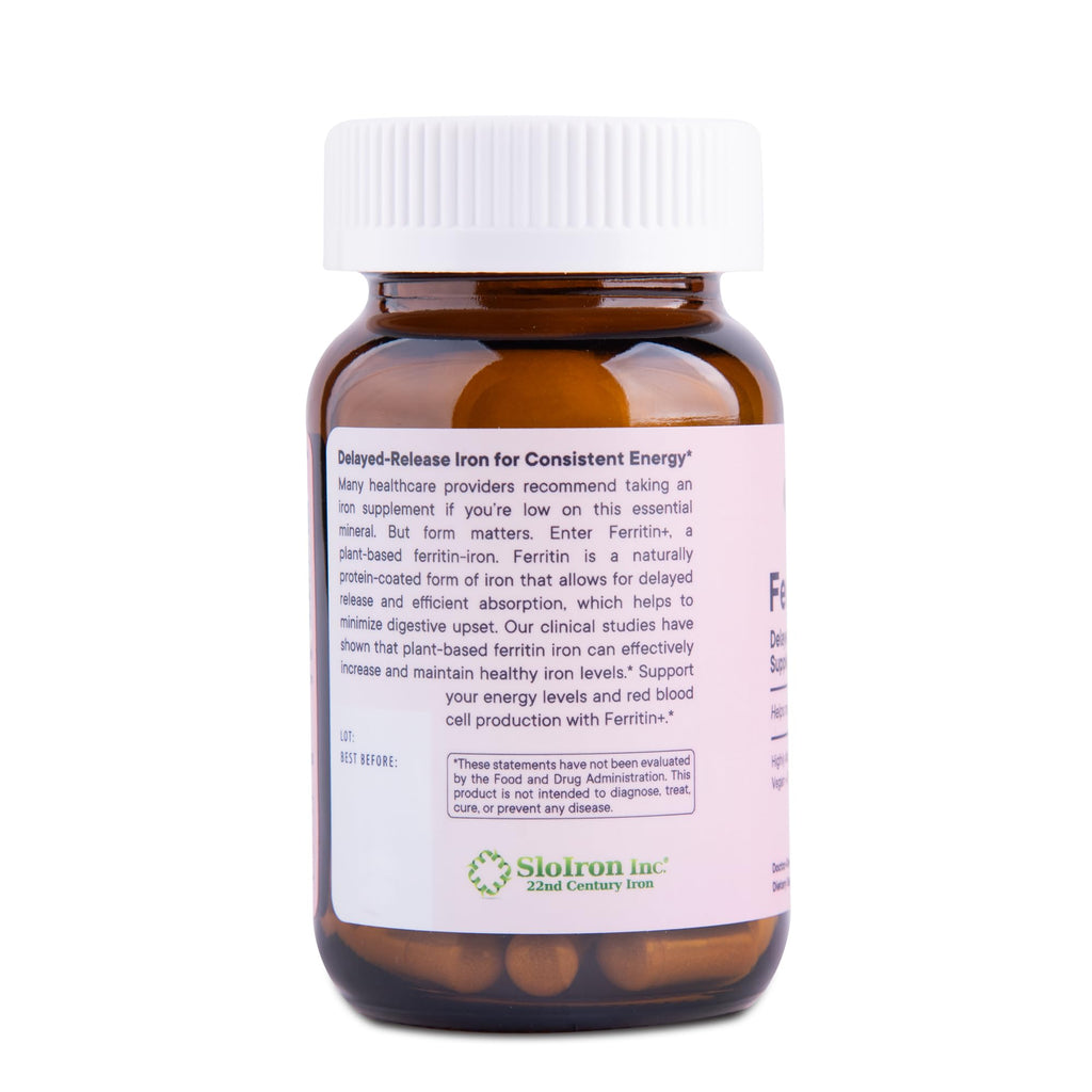 Flora Ferritin+ Delayed-Release Iron Supplement - Plant-Based Iron Supplement - Blood Cell & Energy Support - Vegan & Gluten-Free - Amber Glass Bottle - 60 Vegan Capsules