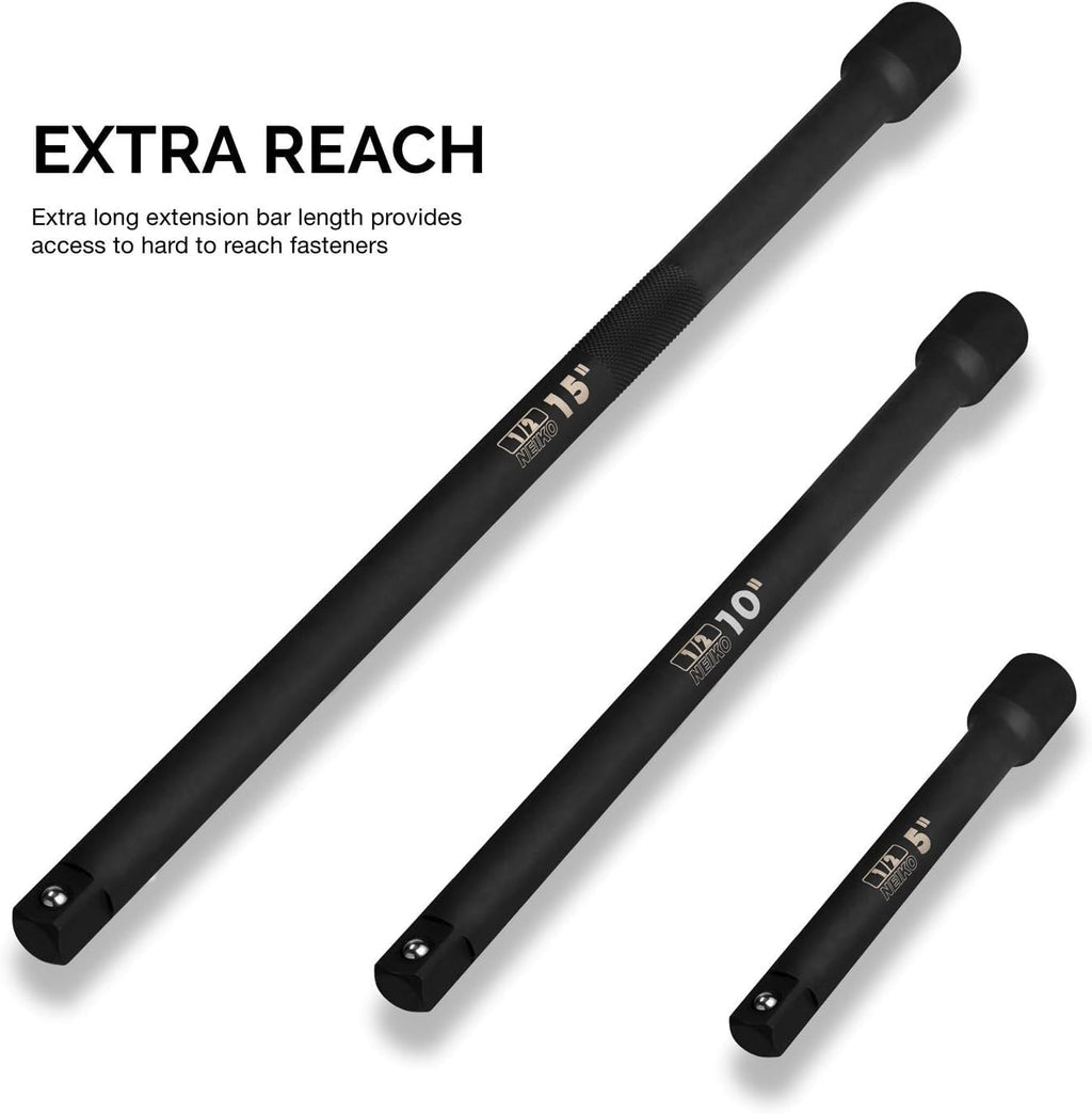 Neiko 00256A 1/2-Inch Drive Impact Extension Bar and Adapter Set, 5-Piece | Includes 5, 10, 15-Inch Extension Bars, Universal Joint, and Reducer