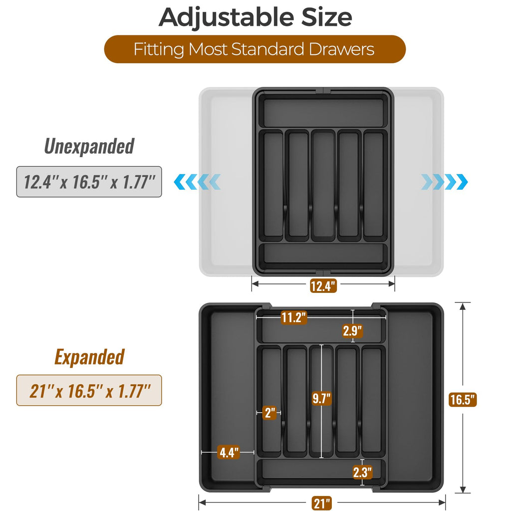 ukeetap Extra Large Expandable Silverware Organizer, Flatware Tray, Black