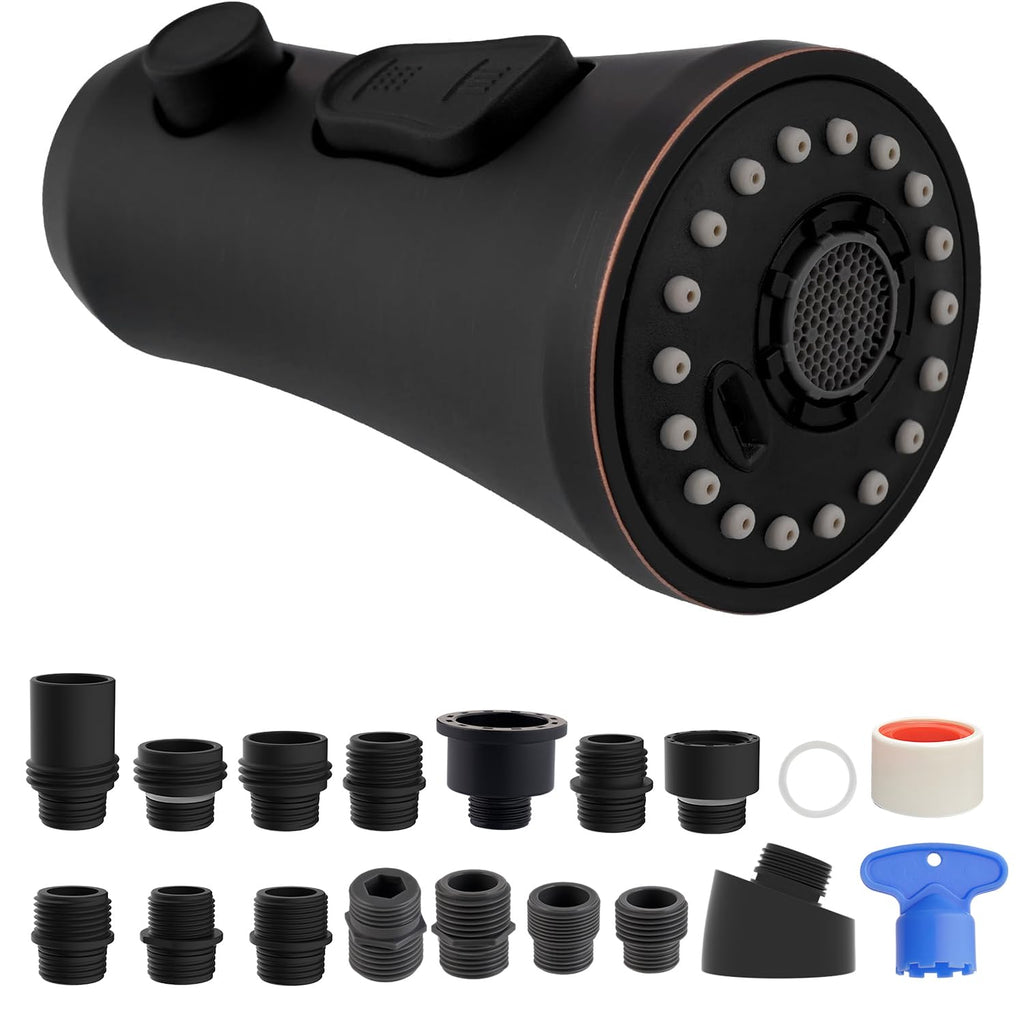 Hibbent Pull Down Kitchen Faucet Head Replacement, 3-Function NSF/ANSI/CAN 61 & CUPC Certified Sink Spray Nozzle, 15 Adapters, Compatible with Moen, Delta, Kohler Faucets, Oil-Rubbed Bronze