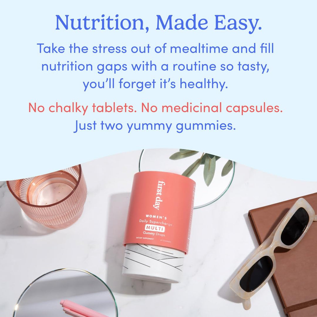 FIRST DAY Women’s Daily Supercharge Multivitamin Gummies – Vitamins A, B1, B6, B12, C, D3, E & K + Magnesium, Zinc, Biotin – Made w/Organic Fruits & Veggies, Only 2g Sugar – 2-Pk, 60 Day Supply