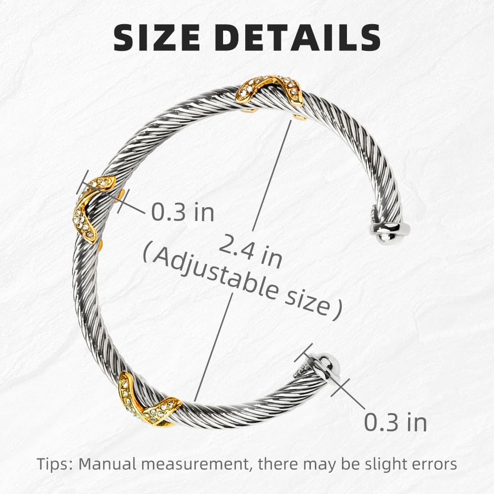 Twisted Cable Bracelets for Women Adjustable 5mm Thin Stainless Steel Cuff Bangle Designer Inspired david+yurman bracelet Christmas Day Gifts (C Silver & Gold)