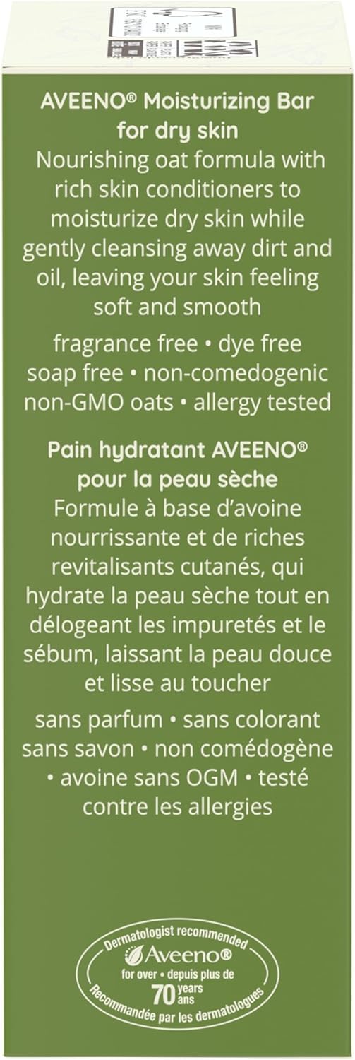 Aveeno Gentle Moisturizing Bar Facial Cleanser with Nourishing Oat for Dry Skin, Fragrance-free, Dye-Free, & Soap-Free, 3.5 oz (Pack of 4)