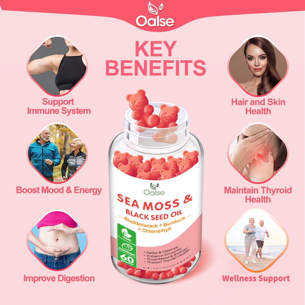 OALSE Sea Moss Gummies for Adults Kids with Chlorophyll, Bladderwrack, Burdock Root, Blck Seed Oil, Vitamin C & D3, Zinc, 8-in-1 Potent Formula Supports Immune System & Boost Energy (1-Pack)