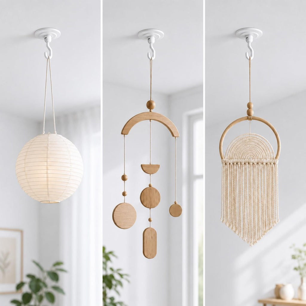 Adhesive Wall & Ceiling Decor Hooks: 4-Pack 3 lbs Heavy Duty No-Drill 360° Swivel Adjustable for Hanging Home Accents Lights Plants Wind Chimes Compatible with 3M Command Strips