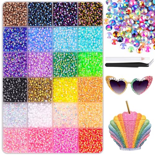 24000Pcs Resin Rhinestones with Tweezers for Crafting, Multi Colors 3mm Non Hotfix Flatback Gems, Bedazzling Crystal for DIY Crafts Clothing Tumblers Mugs Shoes Decor Nail Art
