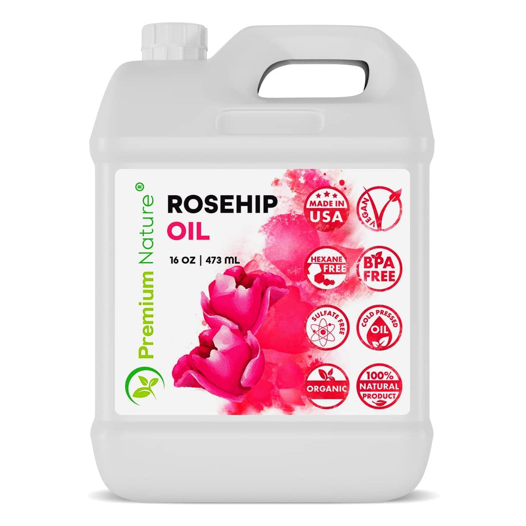 Premium Nature Rosehip Seed Oil 16oz Bulk Size - Cold Pressed, Unrefined, 100% Pure Organic Carrier Oil - Moisturizing Face & Body Oil for Dry Skin, Hair Growth, Nails & Anti-Aging Skincare