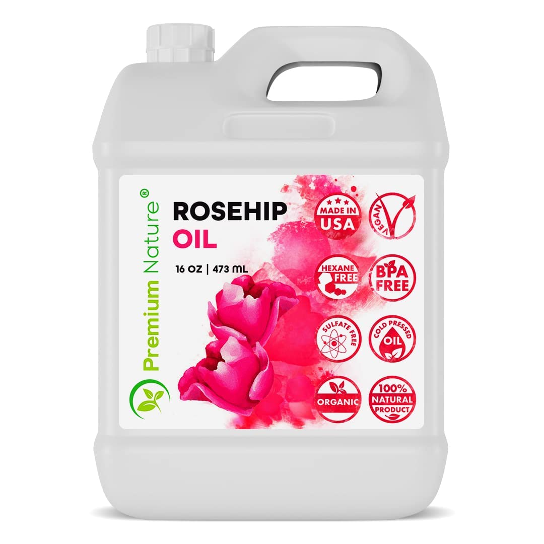 Premium Nature Rosehip Seed Oil 16oz Bulk Size - Cold Pressed, Unrefined, 100% Pure Organic Carrier Oil - Moisturizing Face & Body Oil for Dry Skin, Hair Growth, Nails & Anti-Aging Skincare
