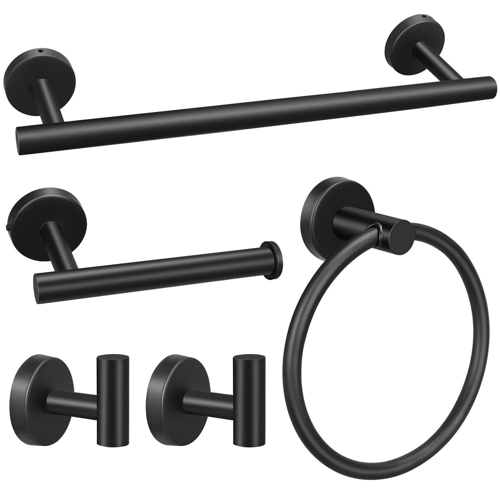 5pcs Bathroom Hardware Set, Matte Black Bathroom Hardware Set, Including 16" Hand Towel Bars, Toilet Paper Holders, Towel Rings, Robe Towel Hooks