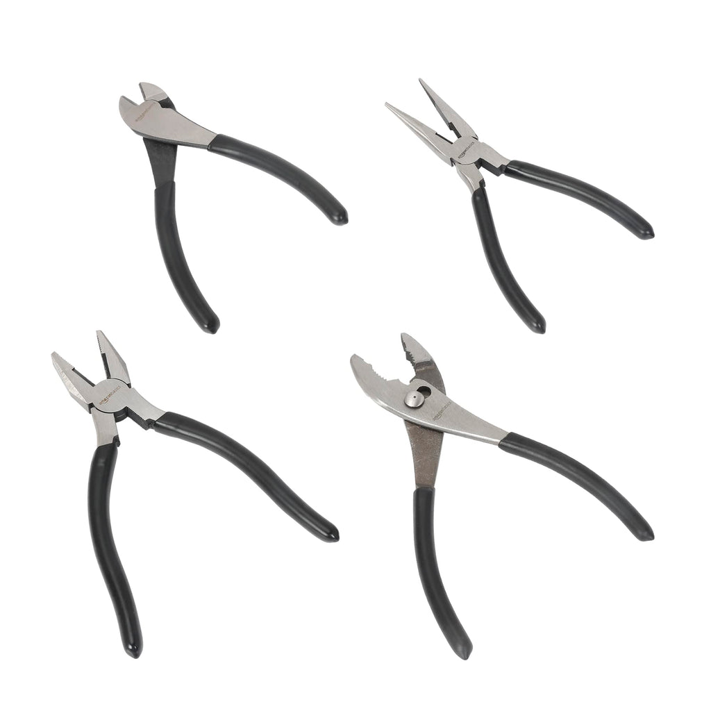 Amazon Basics Pliers Set, Hand Tools for Precision, Cutting Wire Cutter with Needle Nose and Diagonal, Quality Tool Set for Home Maintenance, Set of 4, Black and Silver