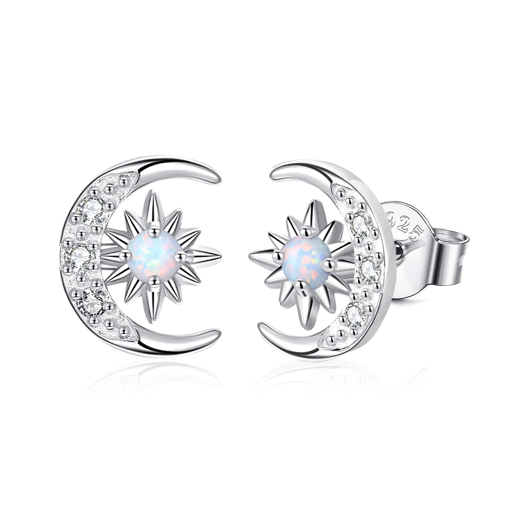 YZSFMZGE Moon and Star Earrings 925 Sterling Silver Opal Stud Earrings for Women - Hypoallergenic Sun and Crescent Moon Jewelry Gift for Sensitive Ears