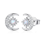YZSFMZGE Moon and Star Earrings 925 Sterling Silver Opal Stud Earrings for Women - Hypoallergenic Sun and Crescent Moon Jewelry Gift for Sensitive Ears