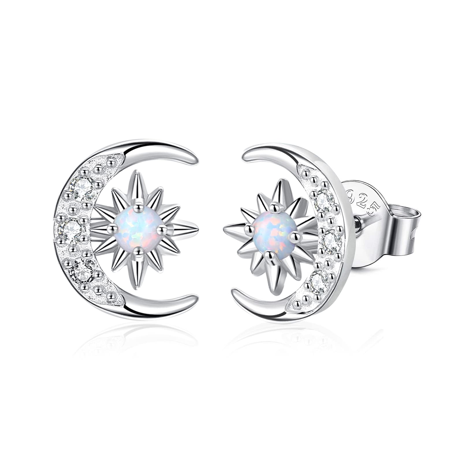 YZSFMZGE Moon and Star Earrings 925 Sterling Silver Opal Stud Earrings for Women - Hypoallergenic Sun and Crescent Moon Jewelry Gift for Sensitive Ears
