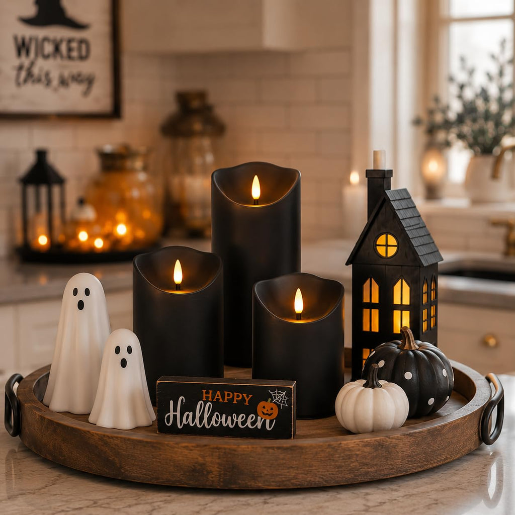 Fo32won Flameless Flickering Candles with Remote Timer, Set of 6 Led Black Battery Operated Candles for Home Decor Xmas Halloween (D3 x H3 3" 4" 5" 6" 7")