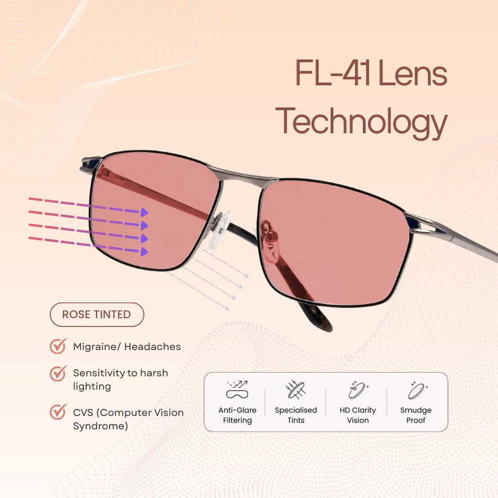 BRADDELL FL-41 Photochromic Transitional Rose Tinted Blue Light Glasses for Migraine Light Sensitivity, Eyestrain and Fluorescent LED Glare (Work)