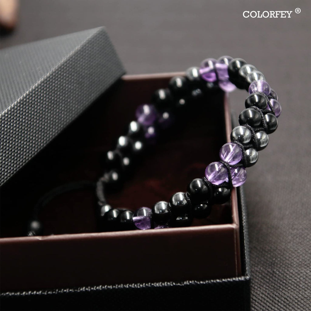 Triple Protection Bracelet for Women, Genuine Healing Crystal Bracelet Amethyst Black Obsidian Hematite 6mm, Pyramid Energy Crystal Beads Bracelets Stone Bracelets for Mom Wife for Protection Balance