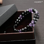Triple Protection Bracelet for Women, Genuine Healing Crystal Bracelet Amethyst Black Obsidian Hematite 6mm, Pyramid Energy Crystal Beads Bracelets Stone Bracelets for Mom Wife for Protection Balance