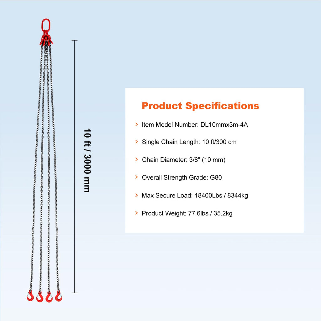 VEVOR Chain Sling, 3/8 inch x 10 ft Lifting Chains with Hooks, G80 Engine Chain Hoist Lifts, 18400 lbs/8 Ton Lifting Sling Chains for Engine Hoist, Engine Lift Chain with 4 Leg Grab Hooks & Adjusters
