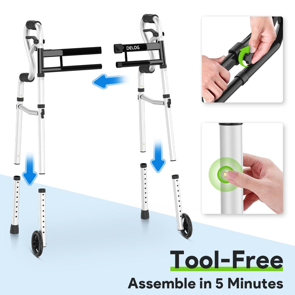 Delog Narrow Folding Walker for Seniors, 3 in 1 Folding Walker with 5” Front Wheels Width Adjustable Compact Standard Walker Support Up to 350lbs (Black)