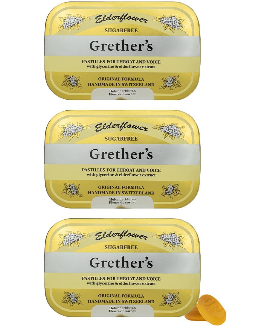 GRETHER'S Sugarfree Elderflower Pastilles – Premium Swiss Throat Lozenges for Dry Mouth & Throat Comfort – Intense Fruit Flavor – Gluten & Lactose Free – Gift for Singers – 3.75 oz, 3 Pack