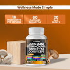 Vitamax Lions Mane Mushroom, Turkey Tail, Chaga & Reishi, Cordyceps Shiitake White Elm King Trumpet Nameko Oyster Porcini Focus & Energy - Made in USA