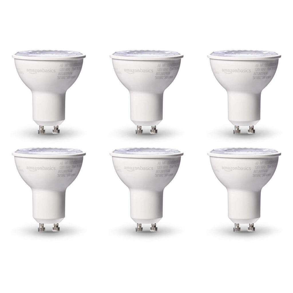 Amazon Basics MR16 LED Light Bulb, 50W Equivalent, Energy Efficient 7W, GU10 Base, Warm White 3000K, Dimmable, 10,000 Hour Lifetime, 6-Pack