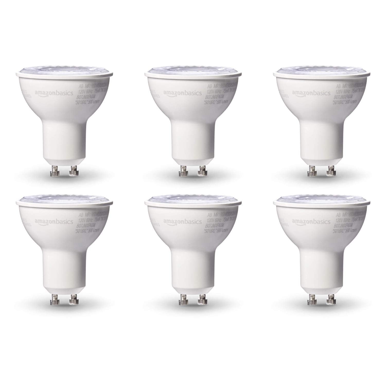 Amazon Basics MR16 LED Light Bulb, 50W Equivalent, Energy Efficient 7W, GU10 Base, Warm White 3000K, Dimmable, 10,000 Hour Lifetime, 6-Pack