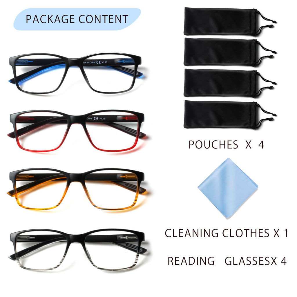 VisiWell 4 Pack Progressive Multifocus Reading Glasses Blue Light Blocking Readers for Men Women with Spring Hinge (4 Mix Color, 1.75, x)