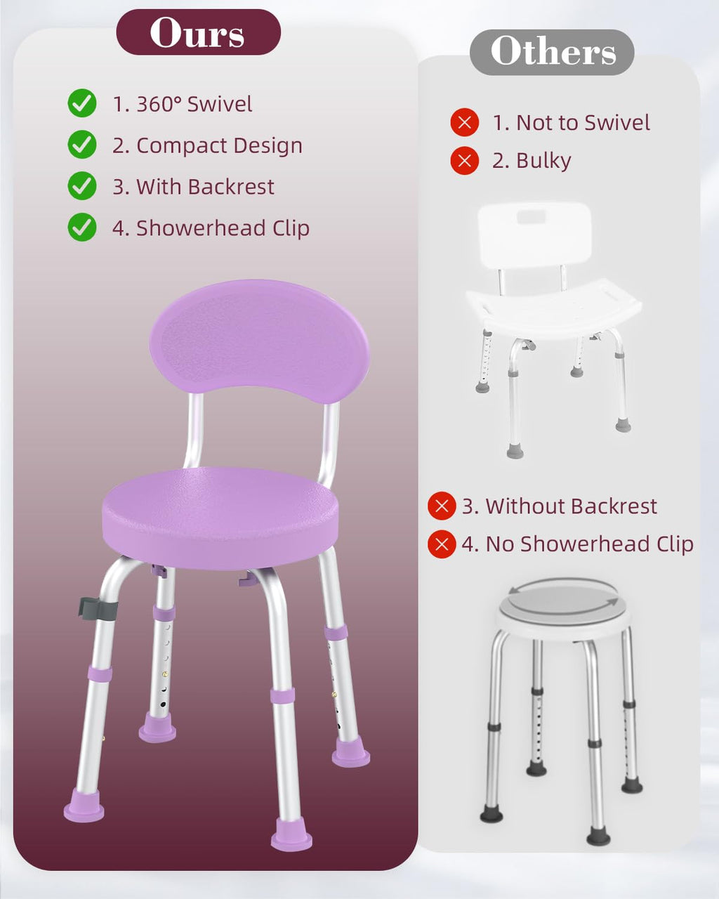 Fvzzin Swivel Shower Chair, 360° Non-Slip Shower Seat with Backrest for Elderly and Disabled, Height Adjustable Rotating Tub Transfer Bench for Seniors Bathroom Inside Shower(Purple)
