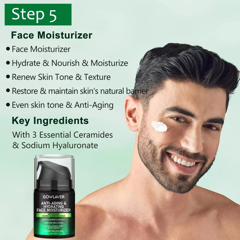 GOWLAVER All In One Men's Skin Care Set Facial Cleanser Toner Scrub Serum Moisturizer