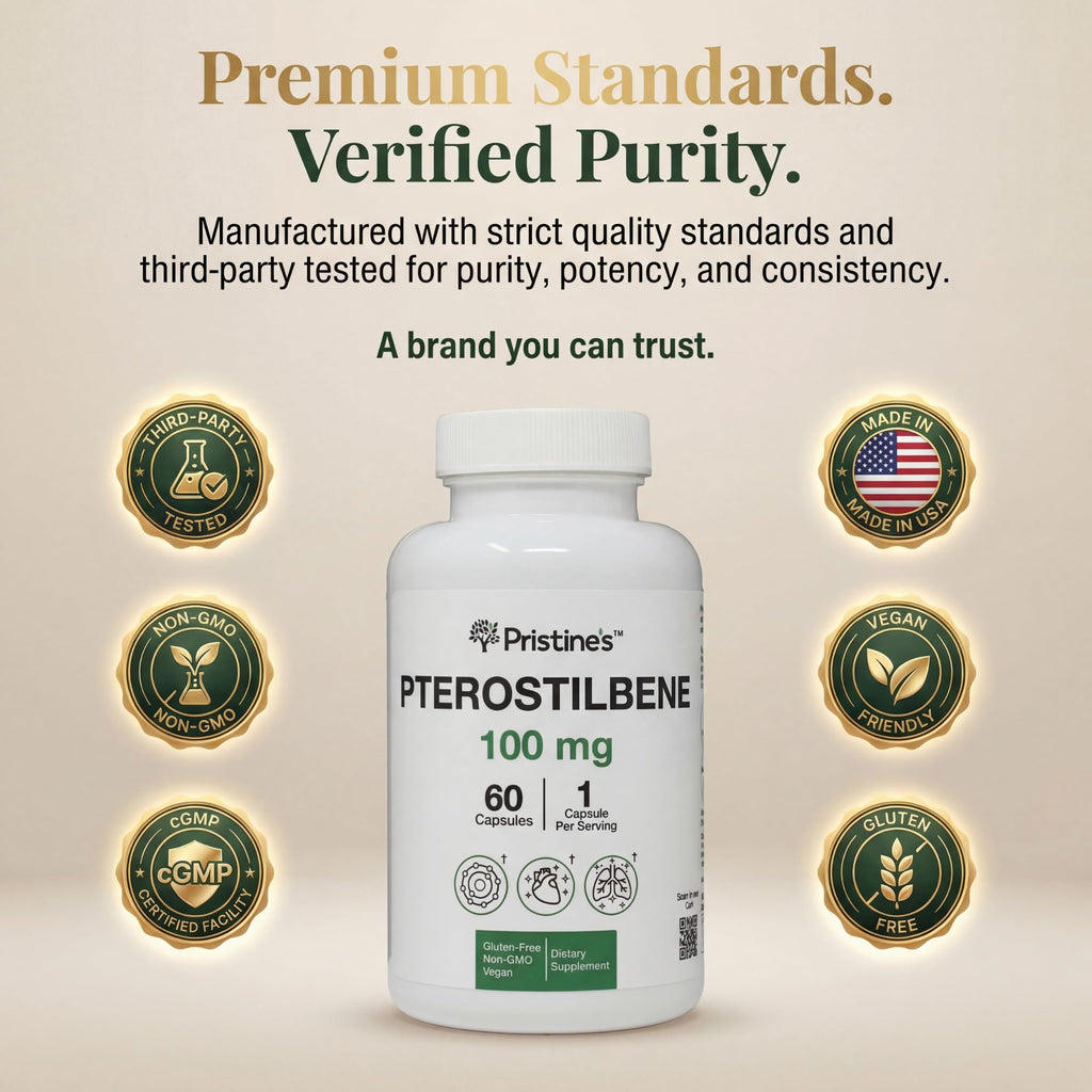 PRISTINE'S Pterostilbene 100mg Anti Aging Supplement Capsules - 60 Day Supply - Lung Health & Mental Clarity Antioxidant - High Bioavailability Vegan Non GMO