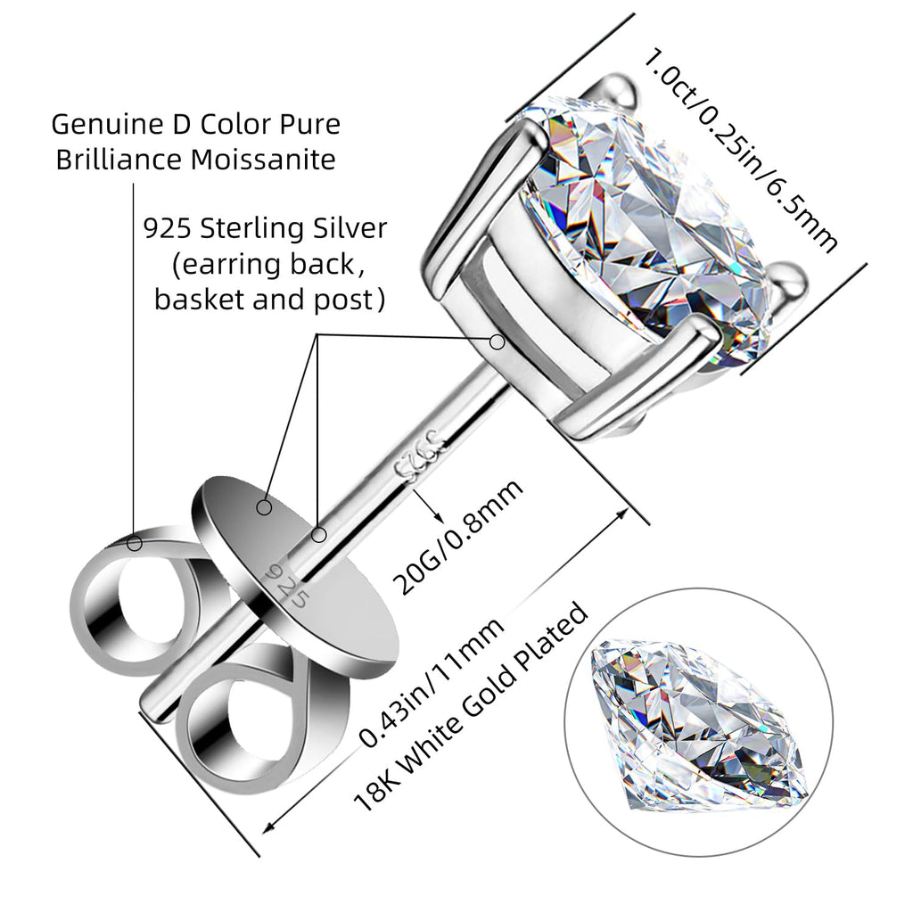 Moissanite Stud Earrings 2.0CT D Color,GRA 925 Sterling Silver Earrings for Men 18K White Gold Plating Earrings for Women,wedding earrings(1.0ct*2)
