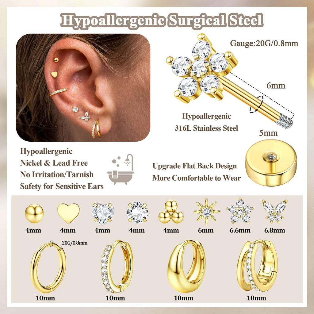 Jstyle Hypoallergenic 14k Gold Plated Stud Hoop Earrings for Women Surgical Stainless Steel Flat Back Earrings Small Stack Hoops Cartilage Earring Set for Multiple Piercing Jewelry Gifts for Women C