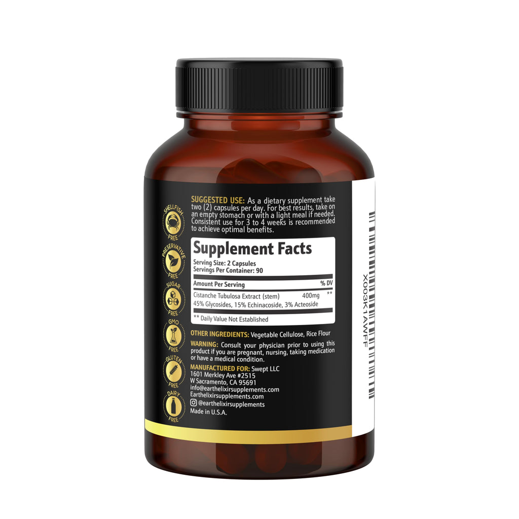 Earth Elixir Cistanche Supplement for Men & Women – Potent Cistanche Tubulosa Extract Capsules for Daily Vitality, Strength & Performance Support – Made in USA, 3rd Party Tested & 3 Month Supply