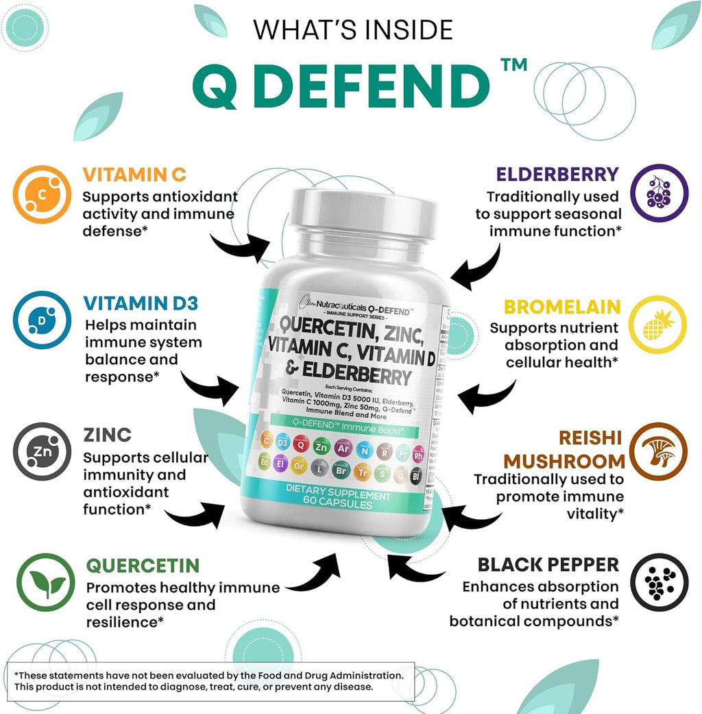 Q Defend Quercetin Supplement with Zinc Vitamin C Vitamin D Elderberry Turmeric Black Pepper Garlic Ginger Sea Moss Lysine Stinging Nettle Reishi Immune Support 60 Capsules Pack of 2 by Clean Nutra