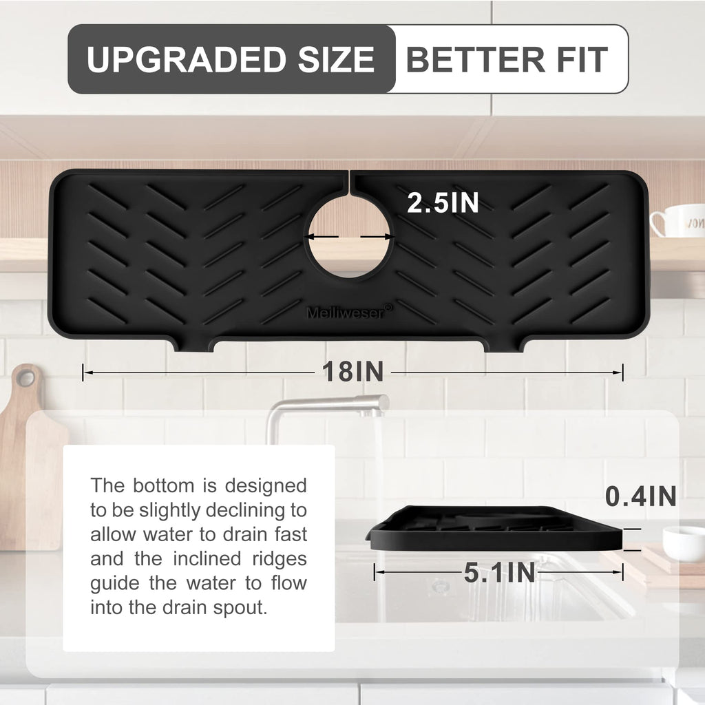 Meiliweser Silicone Faucet Mat for Kitchen Sink – Gen 2 Splash Guard with Upgraded Outlet & Slope – 18” x 5.1” Water Catcher & Sink Sponge Holder for Kitchen and Bathroom (Black)