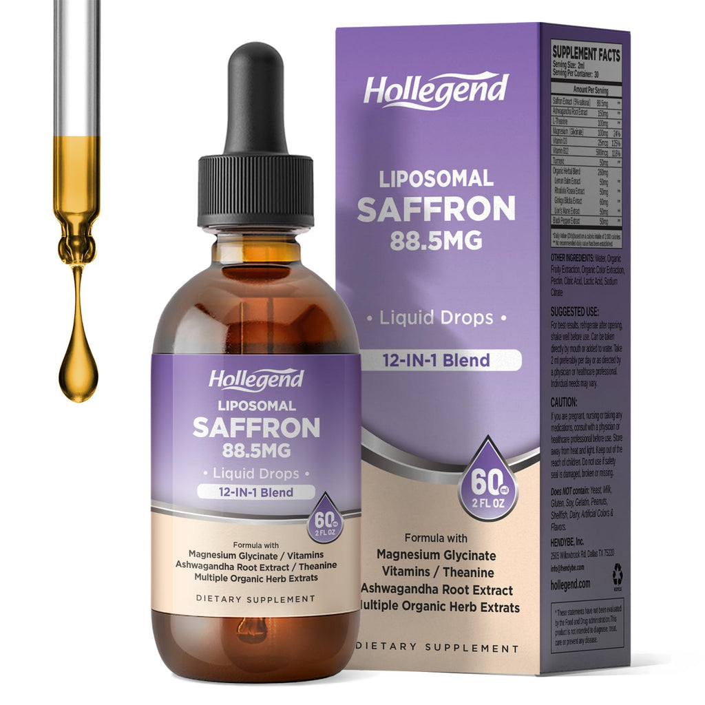 HOLLEGEND Liposomal Saffron Drops for Kids & Adults, Organic Saffron Supplement w/Magnesium, L-Theanine and Vitamins for Stress, Focus, Vision and Energy Support, Vegan, Natural Lemon Flavor, 2 FL OZ