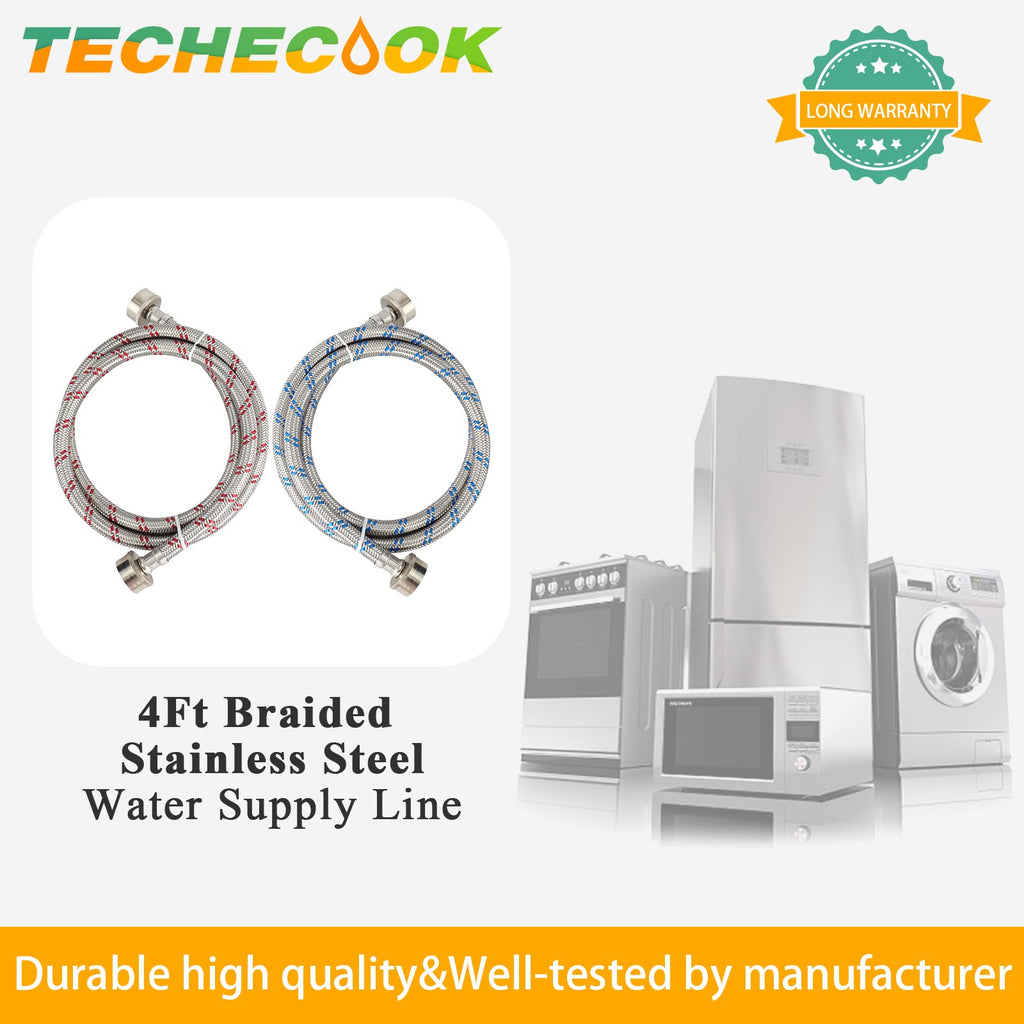 4ft Premium Stainless Steel Washing Machine Hoses Burst Proof 2 Pack by Techecook - Hot and Cold Water Supply Hoses for ALL Washer - 10 YEARS WARRANTY