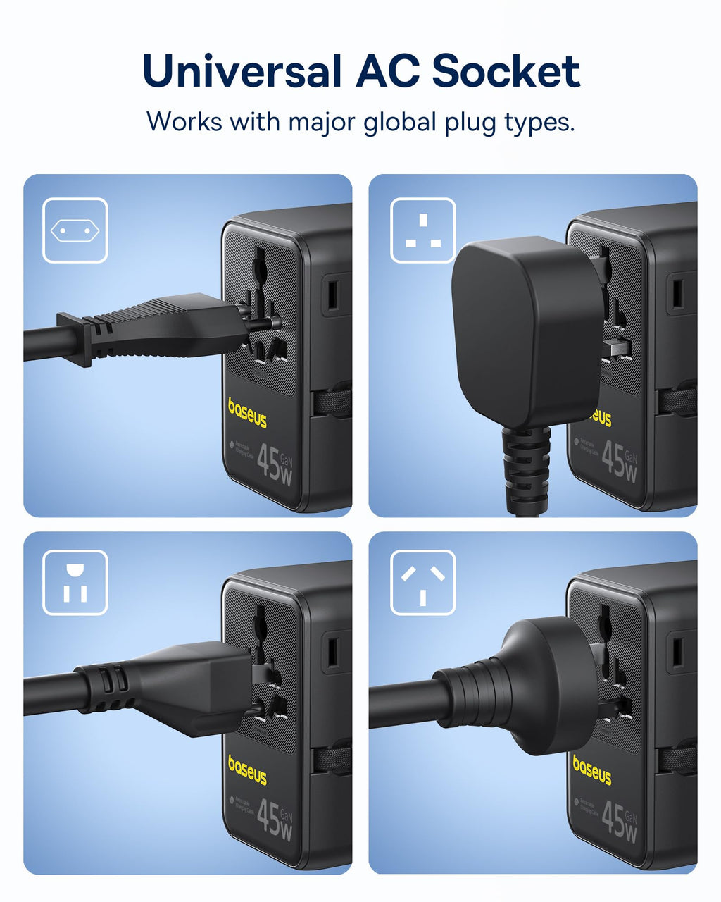 Baseus 45W European Travel Plug Adapter, 6-in-1 Universal Power Adapter with USB-C Retractable Cable, PD Fast Charging GaN International Travel Essentials for Over 200 Countries - Picogo AG11