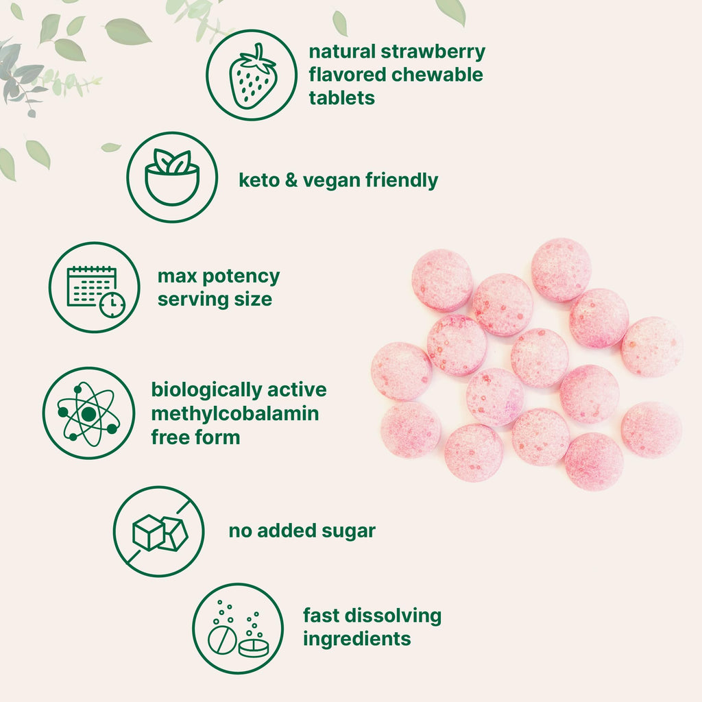 Micro Ingredients Vitamin B12 5,000 mcg | Methylcobalamin – 240 Chewable Tablets | Fast Dissolve, Natural Strawberry Flavor | Vegan, Non-GMO, Gluten Free