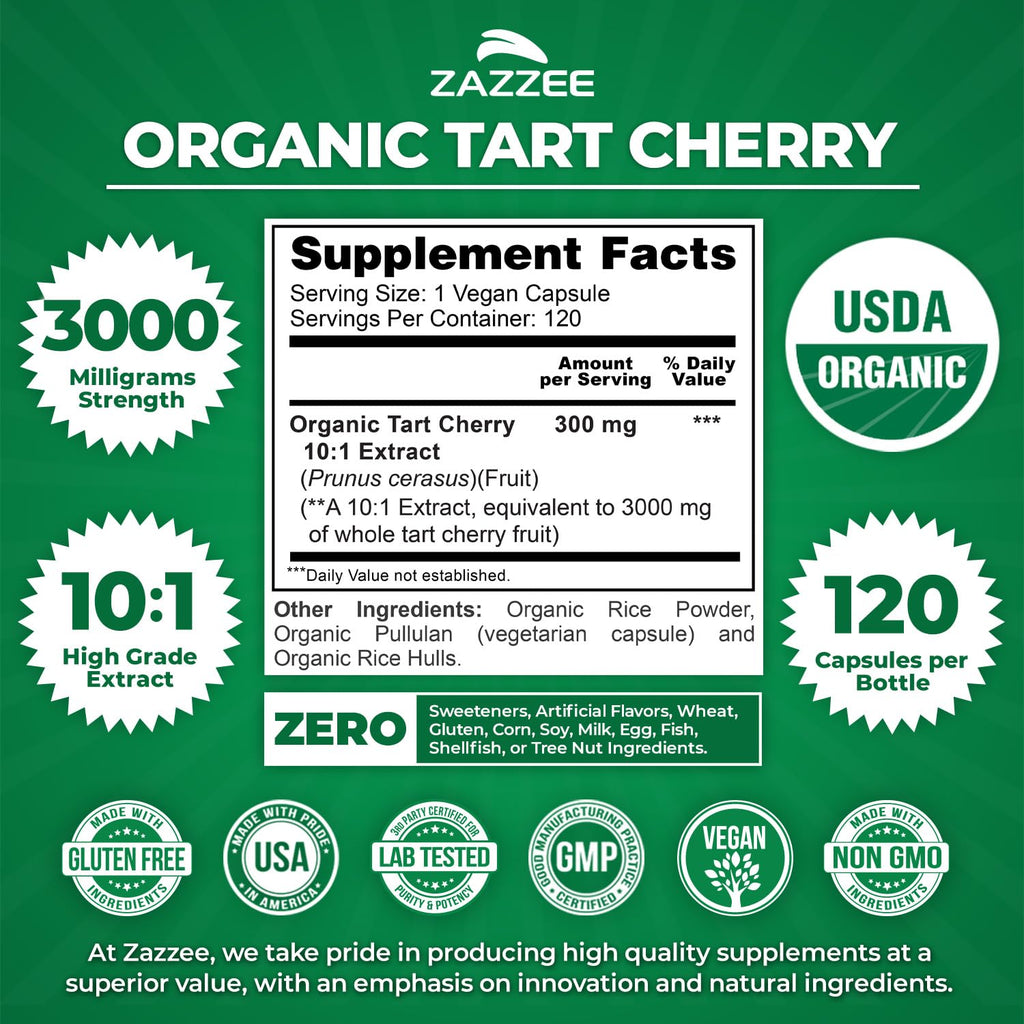 Zazzee USDA Organic Tart Cherry 10:1 Extract, 3000 mg Strength, 120 Vegan Capsules, 4 Month Supply, Standardized, Concentrated 10X Extract, 100% Vegetarian, Certified Organic, All-Natural and Non-GMO