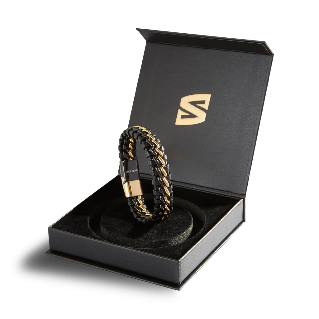 SERASAR Leather Men Bracelet Black Gold Steel Braided Jewelry Gift 8 inch
