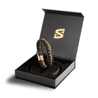 SERASAR Leather Men Bracelet Black Gold Steel Braided Jewelry Gift 8 inch