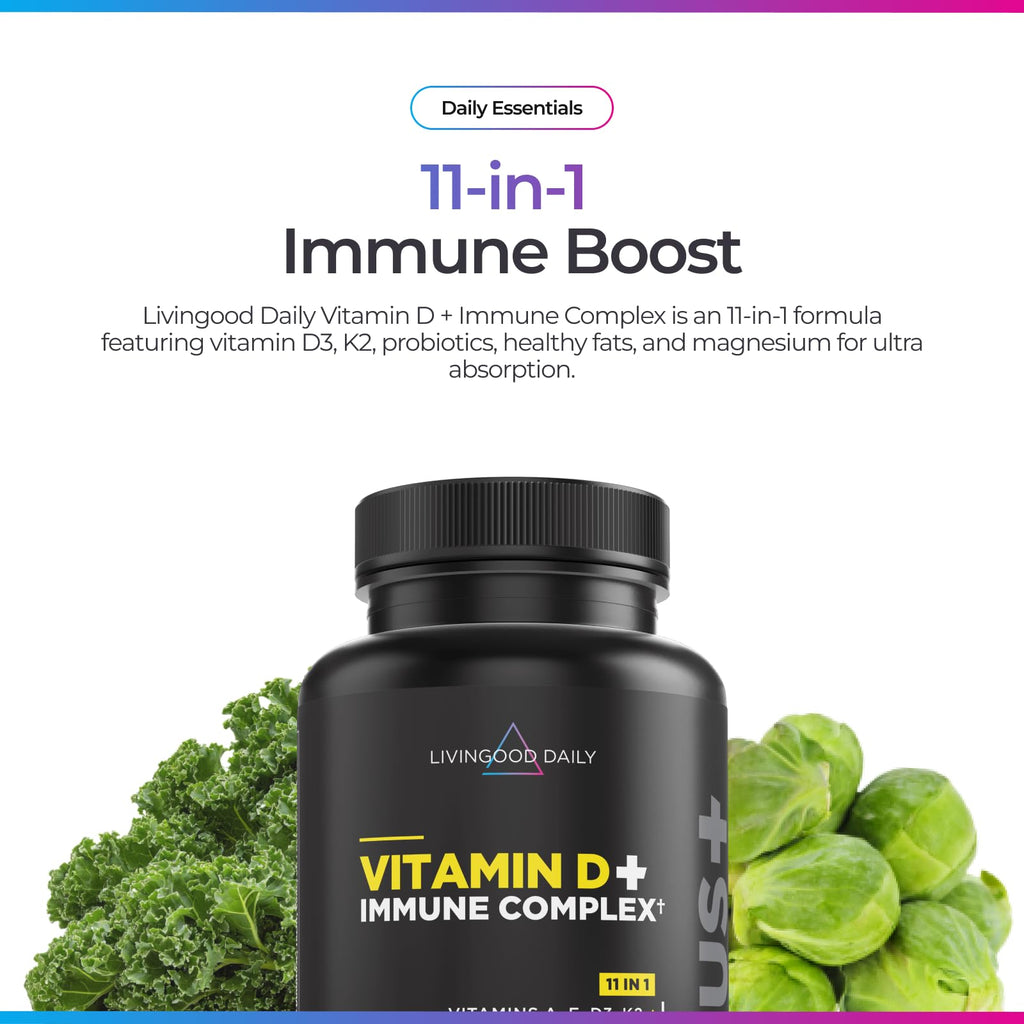 Livingood Daily Vitamin D3 K2 4000 IU Supplement, 9-in-1 Dietary Supplement for Immune Support - Made with Vitamins D, A, E, K2, Zinc, Magnesium & Probiotic Blend for Maximum Absorption - 60 Capsules