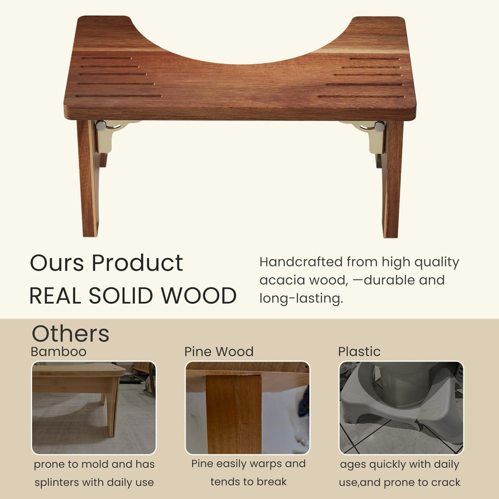 Danfoxer 7 Inches Acacia Wood Toilet Stool Squat for Adults,Foldable Poop Stool for Bathroom,Portable Potty Step Stool with Non-Slip Strip,No Assembly Required