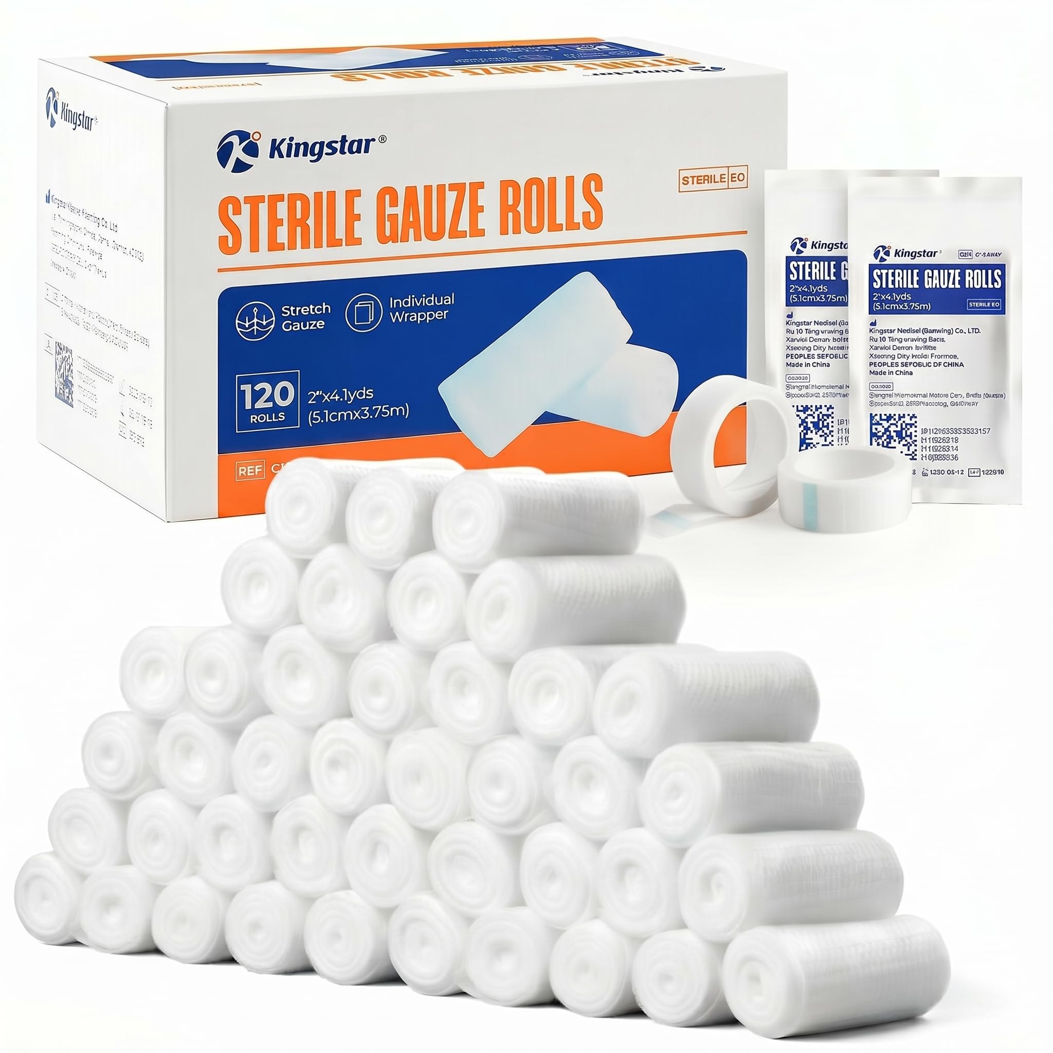 Kingstar Sterile Stretch Gauze Rolls, Bulk 120 Pack 2in x 4.1 Yards