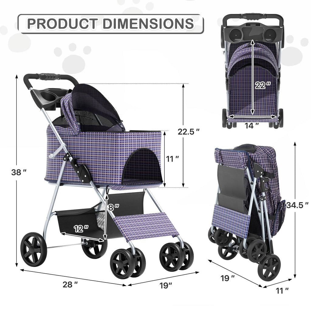 MoNiBloom 3 in 1 Foldable Pet Stroller for Small & Medium Dogs, Detachable Carrier, Car Seat, Push Button Entry, 4-Wheel Jogger for Pets up to 33 lbs, Plaid