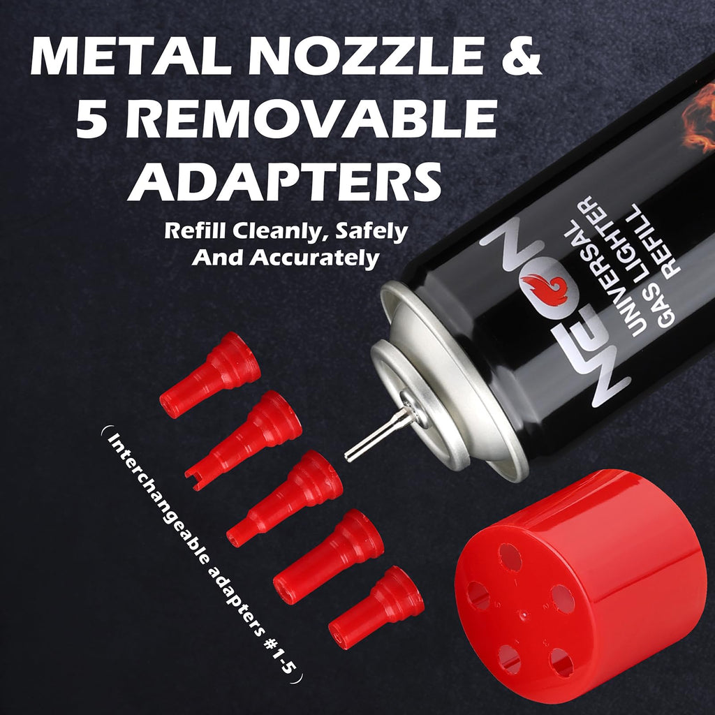 NEON Butane Fuel 300ml, 5X Premium Refined Butane Refill for Torch Lighter, 0 Impurities Lighter Fluid with Metal Nozzle & 5 Butane Gas Refill Adapters for Culinary, Welding, and DIY (4 Cans)